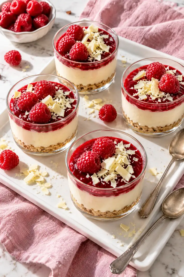 Four small layered fruit dessert cups with fresh raspberries and white chocolate shavings on a white tray