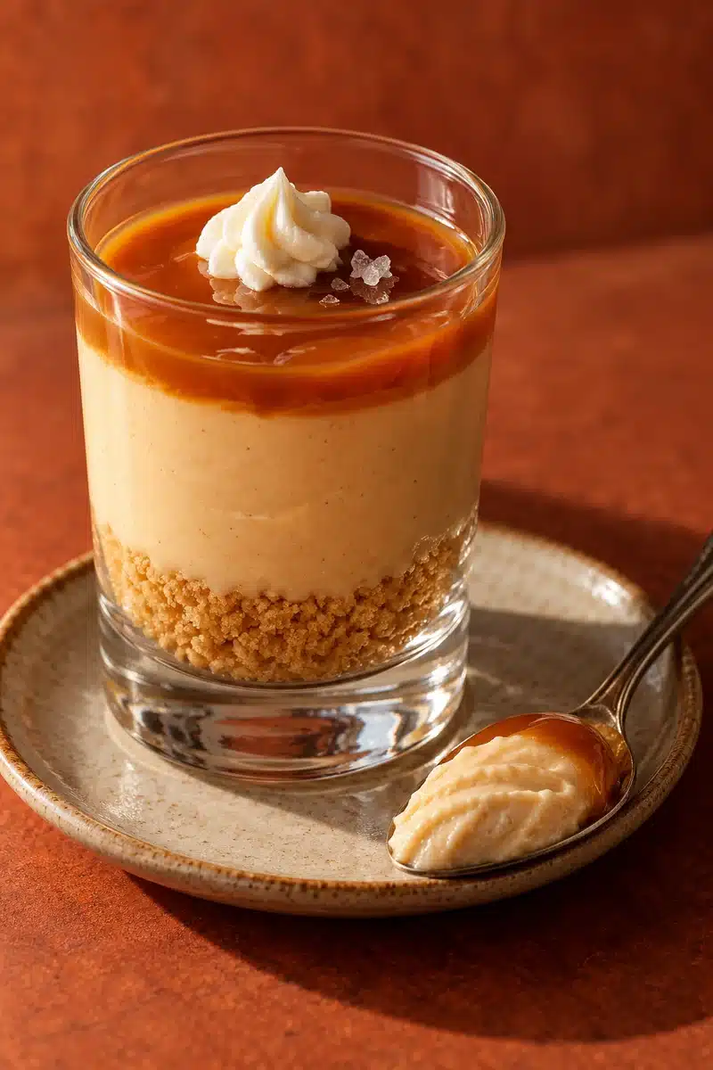 No-Bake Salted Caramel Cheesecake Shooters 5 Thin amber caramel over smooth beige cheesecake and golden crumbs in an intact small glass beside a spoonful