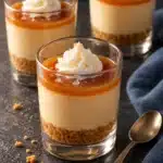 No-Bake Salted Caramel Cheesecake Shooters 2 Salted caramel cheesecake shooters with graham crumbs, pale caramel filling, thin amber topping and small cream swirls in clear cups