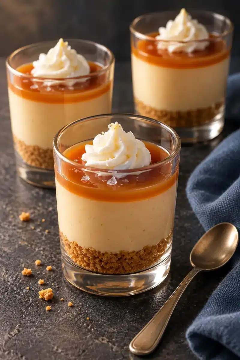 No-Bake Salted Caramel Cheesecake Shooters 1 Salted caramel cheesecake shooters with graham crumbs, pale caramel filling, thin amber topping and small cream swirls in clear cups