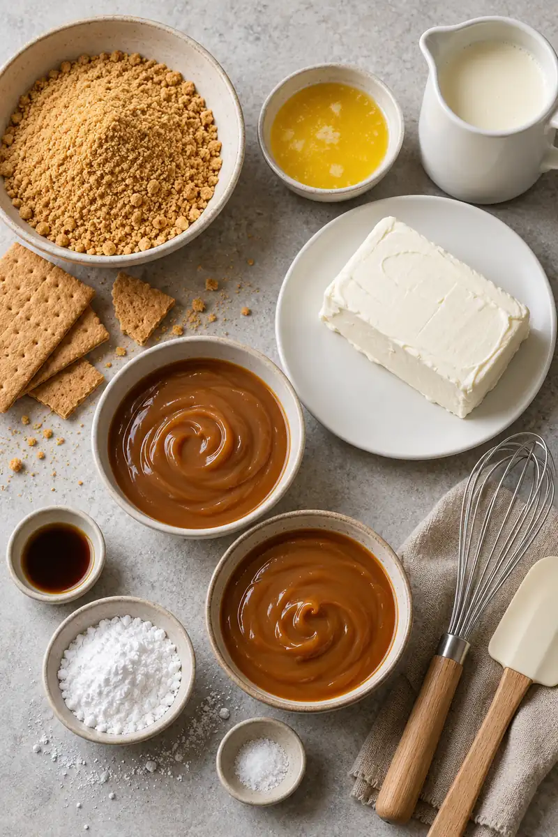 No-Bake Salted Caramel Cheesecake Shooters 3 Graham crumbs, butter, cream cheese, cream, two measured caramel portions, vanilla, powdered sugar and flaky salt in plain dishes