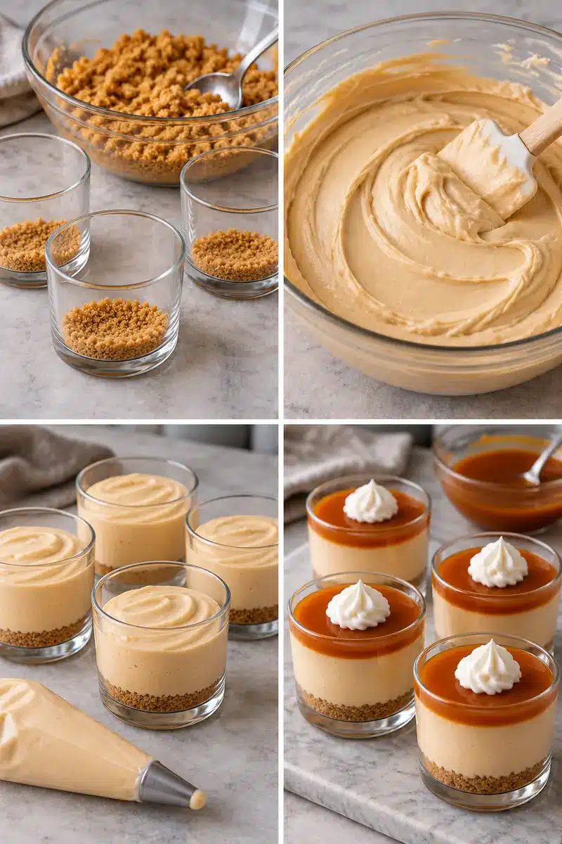 No-Bake Salted Caramel Cheesecake Shooters 4 Four panels show graham crumbs, folded caramel filling with soft ridges, piped untopped cups and chilled cups with caramel
