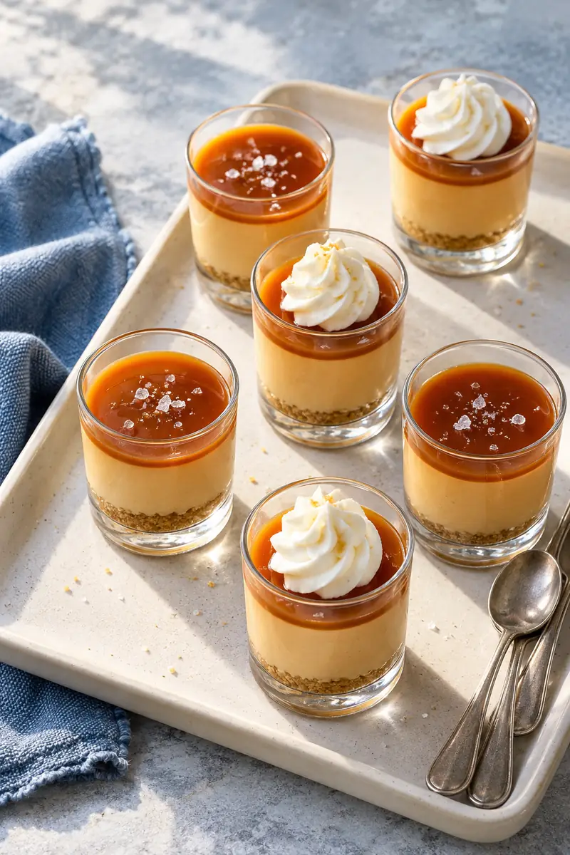 No-Bake Salted Caramel Cheesecake Shooters 6 Six small caramel cheesecake glasses on a pale tray with narrow spoons and restrained cream garnishes