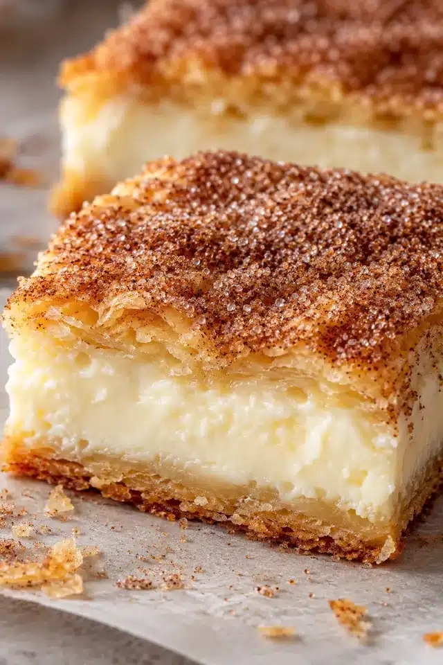 Sopapilla Cheesecake Bars with Cinnamon Sugar 5 Close cut bar showing a lightly browned bottom pastry, thick vanilla cream cheese center, and flaky cinnamon top