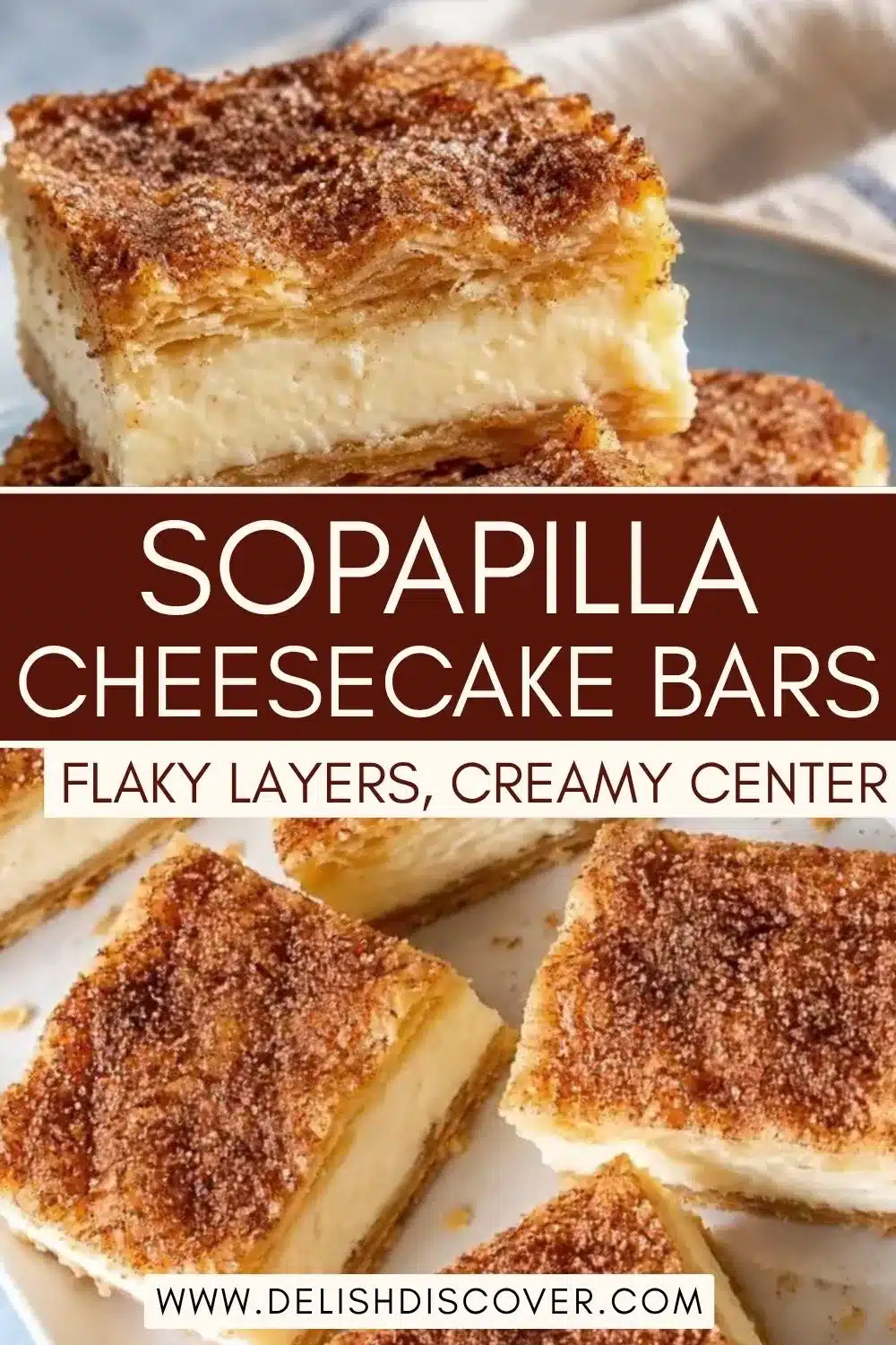 Sopapilla cheesecake bars cut into squares with flaky golden pastry layers, a thick creamy center, and cinnamon sugar on top.