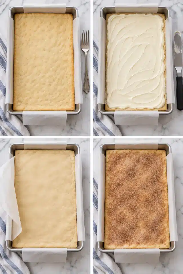 Sopapilla Cheesecake Bars with Cinnamon Sugar 4 Four panels showing the prebaked bottom, smooth cream cheese layer, parchment-transferred top dough, and cinnamon sugar before baking
