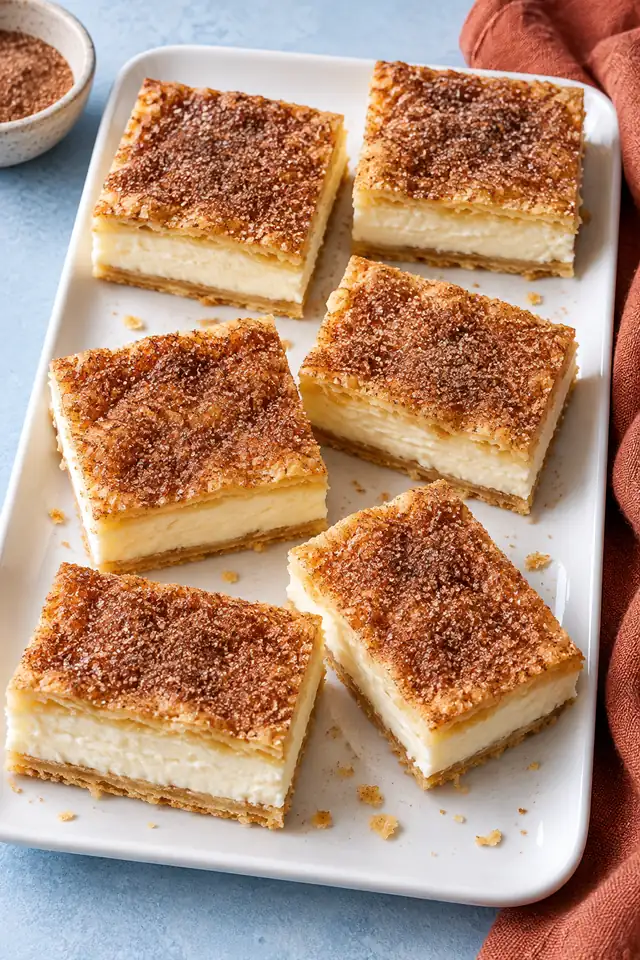 Sopapilla Cheesecake Bars with Cinnamon Sugar 6 Six neat chilled cheesecake bars arranged on a white platter with cinnamon crumbs