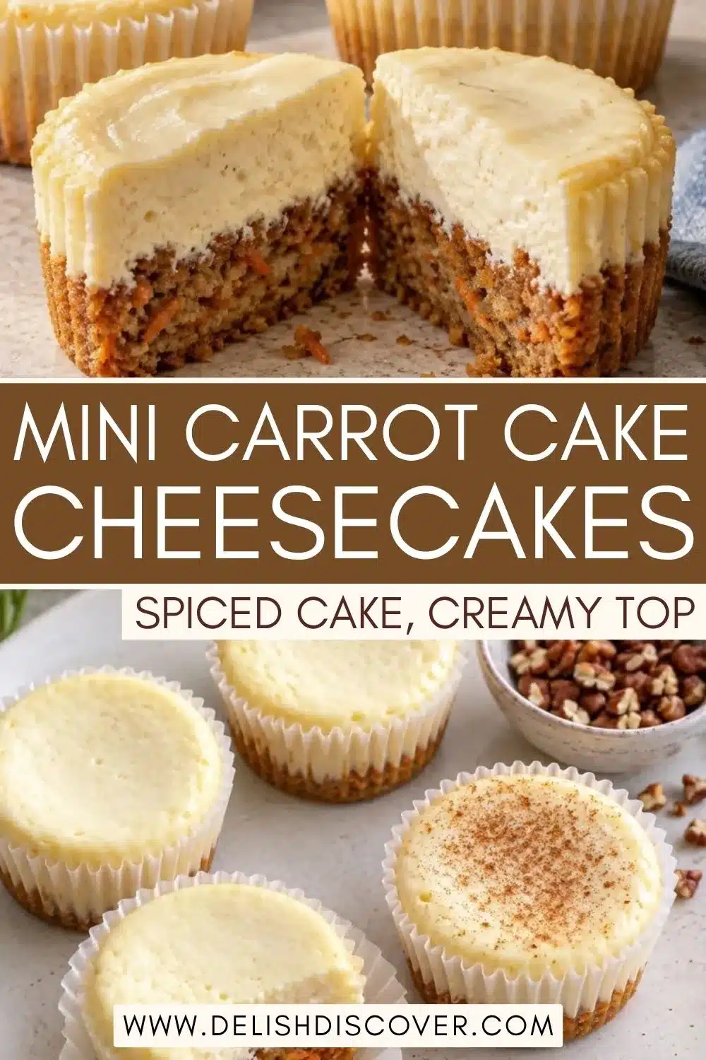 Several mini carrot cake cheesecakes with pale creamy tops, including a cut cake that reveals the orange-flecked spiced base underneath.