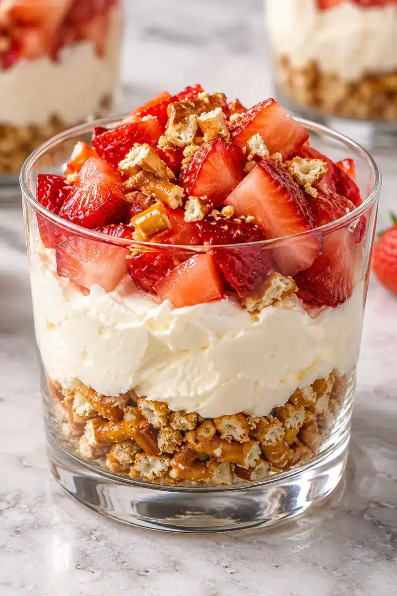 Close view of loose pretzel crumbs beneath whipped cheesecake filling and fresh strawberries in an intact cup
