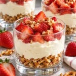 Strawberry pretzel cheesecake cups with salty crumb bases, creamy filling, and diced berries in clear glasses