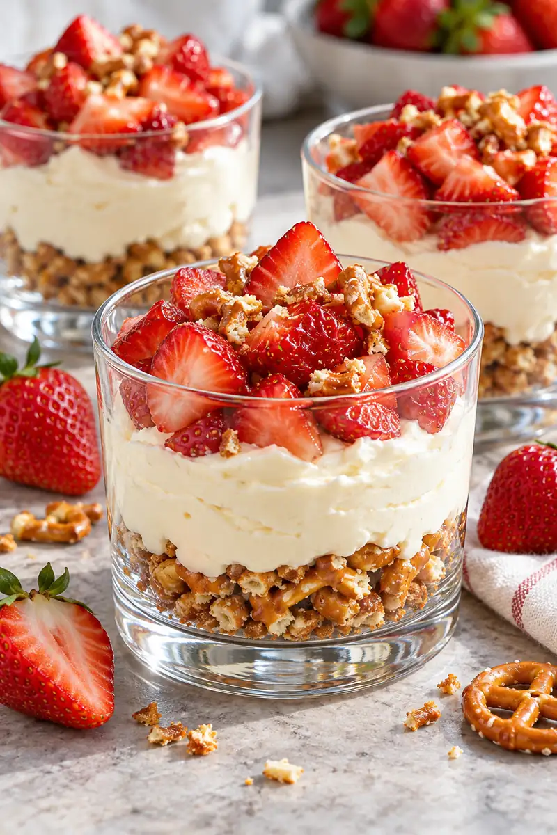 Strawberry pretzel cheesecake cups with salty crumb bases, creamy filling, and diced berries in clear glasses