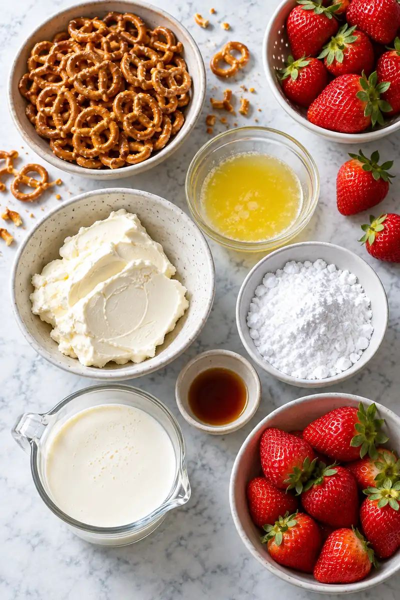 Bowls of pretzels, butter, cream cheese, powdered sugar, heavy cream, and fresh strawberries