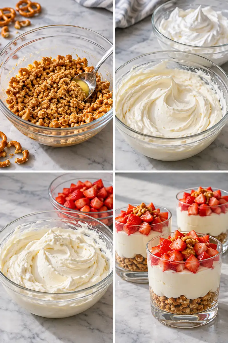 Four panels show pretzel crumble, smooth filling, dry diced berries, and layered dessert cups