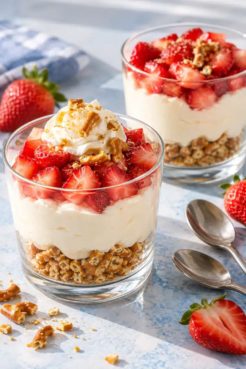 Two individual strawberry cheesecake cups served with spoons and fresh berries