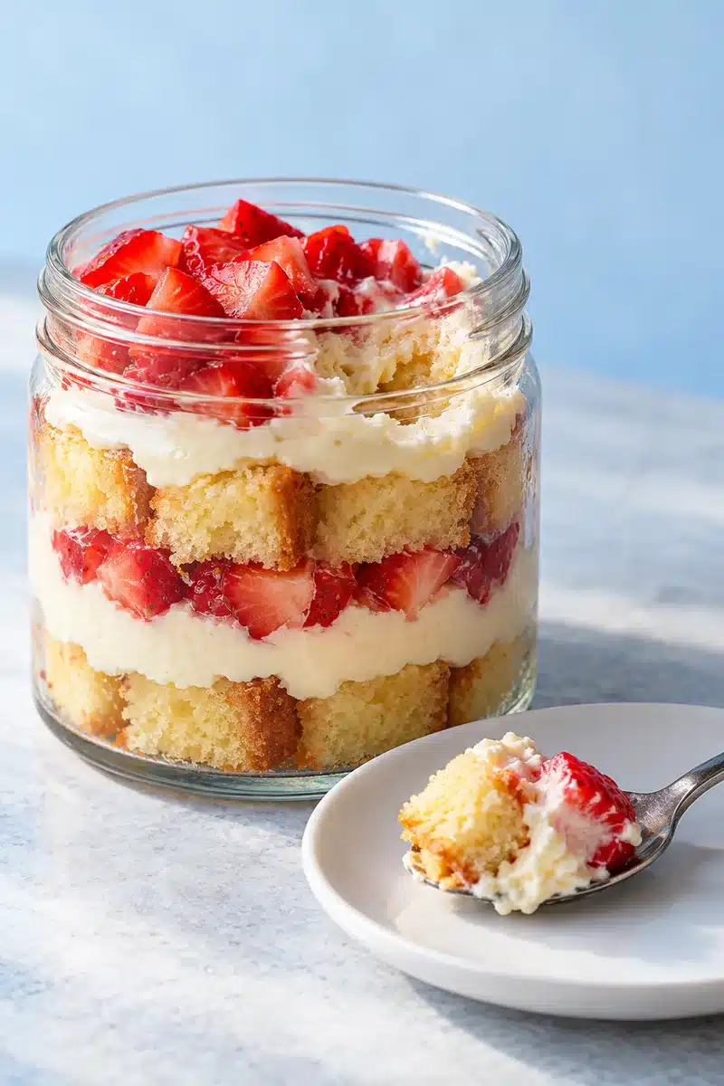 Strawberry Shortcake Cheesecake Jars with Vanilla Cake 5 Intact jar beside a spoonful of cake, cheesecake cream and strawberry removed through its top