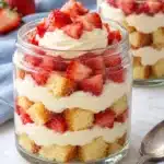 Strawberry Shortcake Cheesecake Jars with Vanilla Cake 2 Strawberry shortcake cheesecake jars with visible vanilla cake cubes, creamy filling and fresh berries