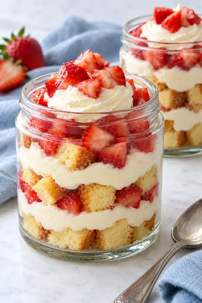 Strawberry Shortcake Cheesecake Jars with Vanilla Cake