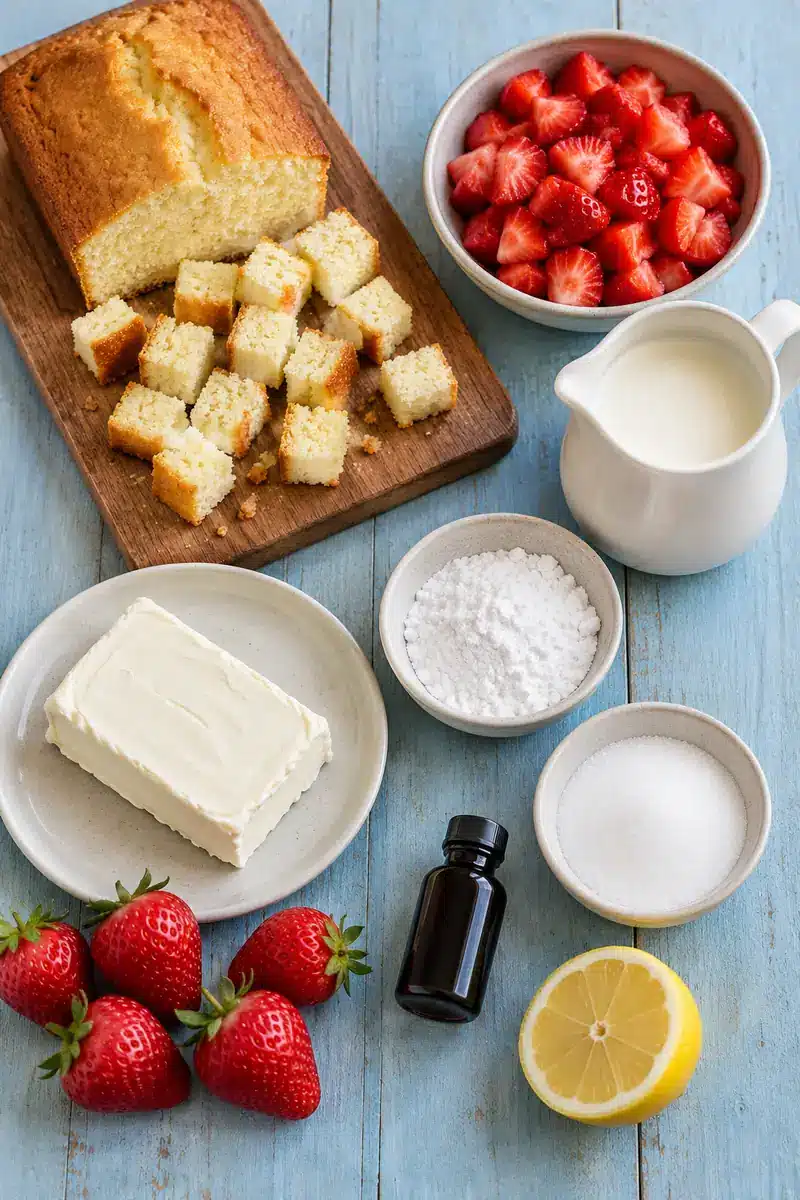 Strawberry Shortcake Cheesecake Jars with Vanilla Cake 3 Pound cake, strawberries, cream cheese, cream, sugars, vanilla and lemon arranged in plain dishes