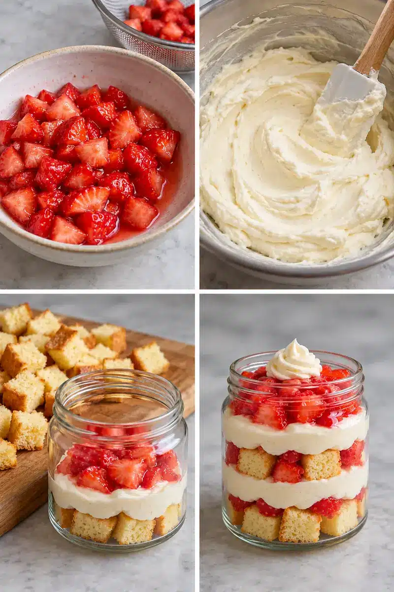 Strawberry Shortcake Cheesecake Jars with Vanilla Cake 4 Four steps showing juicy rested berries, thick cheesecake cream, cake cubes and a layered jar