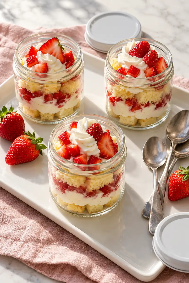 Strawberry Shortcake Cheesecake Jars with Vanilla Cake 6 Three strawberry and vanilla cake dessert jars with small cream swirls on a serving tray