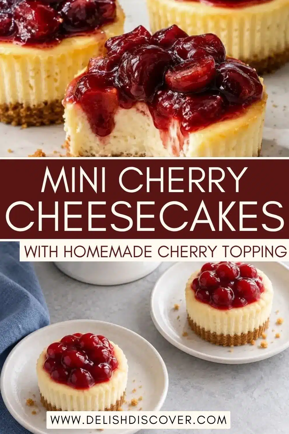 Two small cheesecakes on white plates with bright red cherry topping and thin graham crusts, with a close-up cherry-topped cake above.