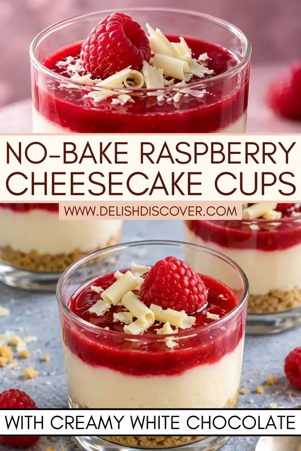 Close-up of a small clear dessert glass showing a golden biscuit crumb bottom, thick pale cheesecake center, and smooth ruby-red fruit sauce topped with one fresh raspberry and curled white chocolate pieces.