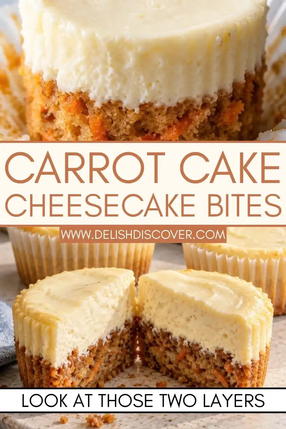 A cut-open mini cheesecake showing a spiced carrot cake base beneath a thick creamy vanilla layer, with more individual cakes in the background.