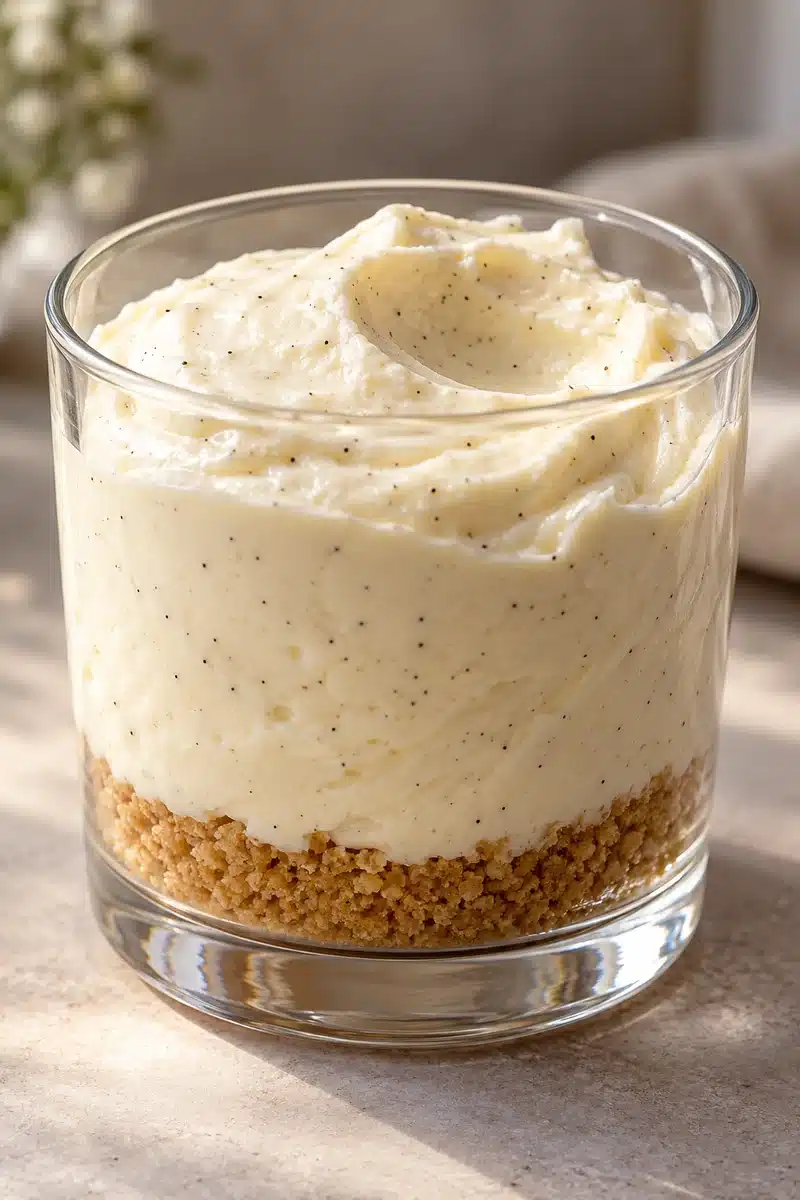 Creamy No-Bake Vanilla Bean Cheesecake Cups 5 Soft vanilla-flecked cheesecake filling above a thin graham base in a clear glass