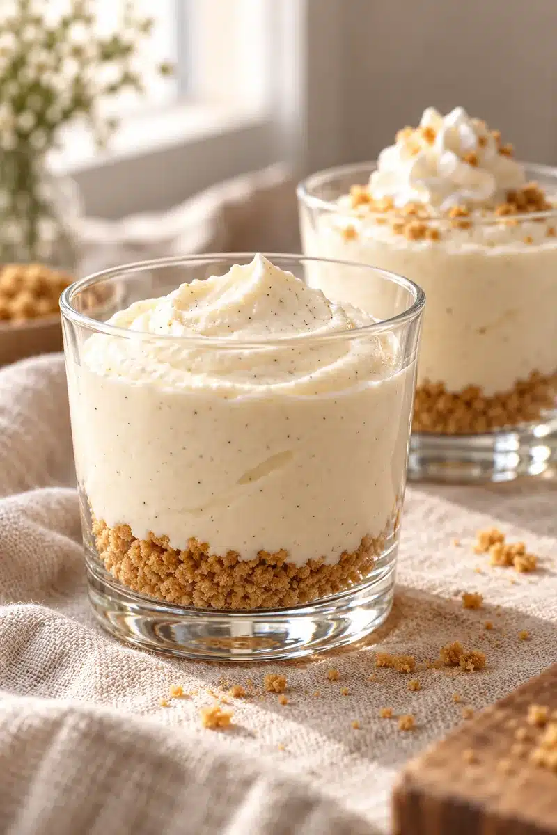 Creamy No-Bake Vanilla Bean Cheesecake Cups 1 Vanilla bean cheesecake cups with thin graham crumbs and flecked creamy filling