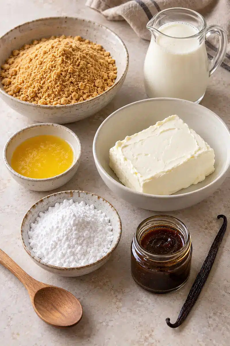 Creamy No-Bake Vanilla Bean Cheesecake Cups 3 Graham crumbs, butter, cream cheese, powdered sugar, cream and vanilla bean paste arranged for preparation