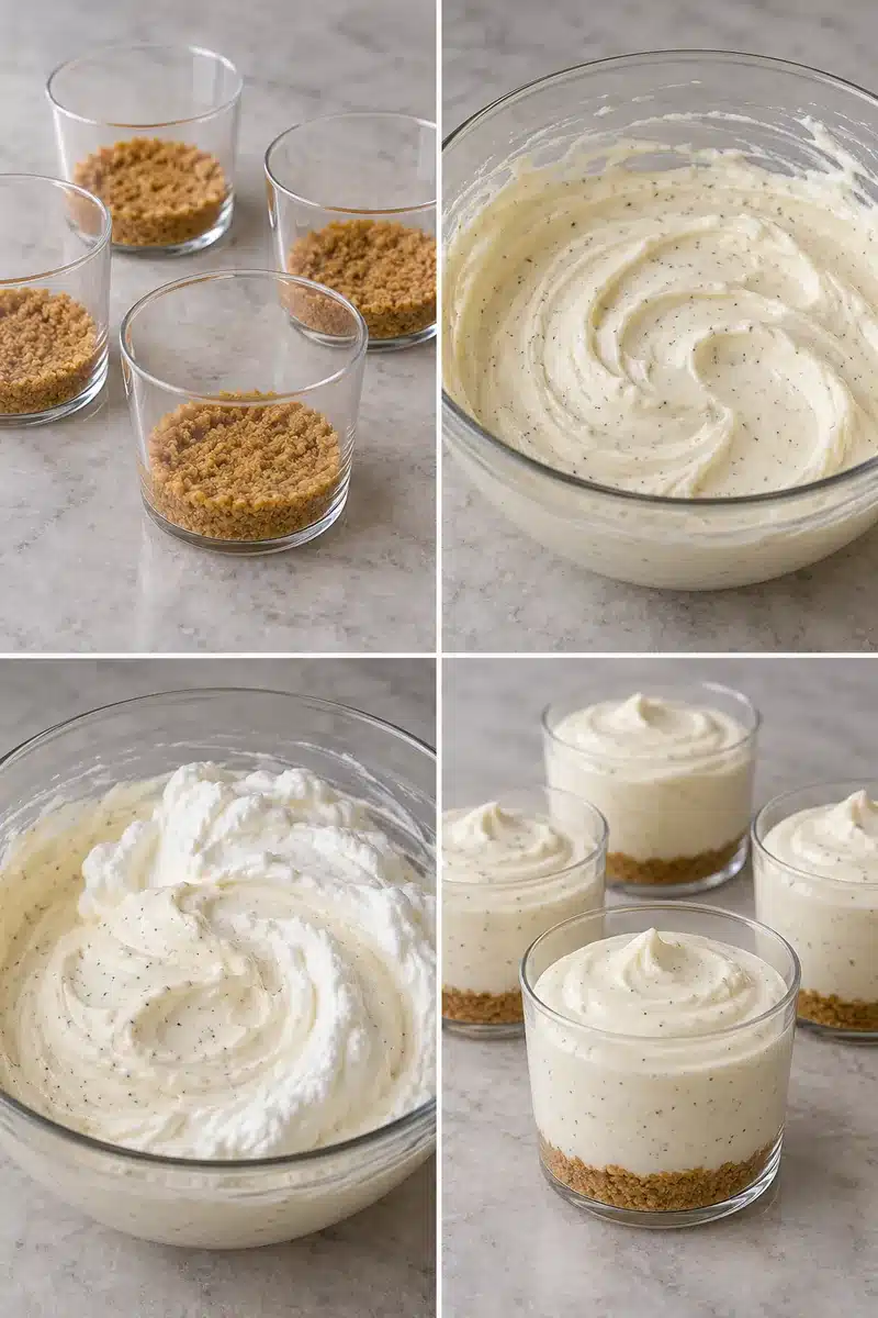 Creamy No-Bake Vanilla Bean Cheesecake Cups 4 Four panels showing graham crumbs, vanilla cheese mixture, whipped filling and filled cups