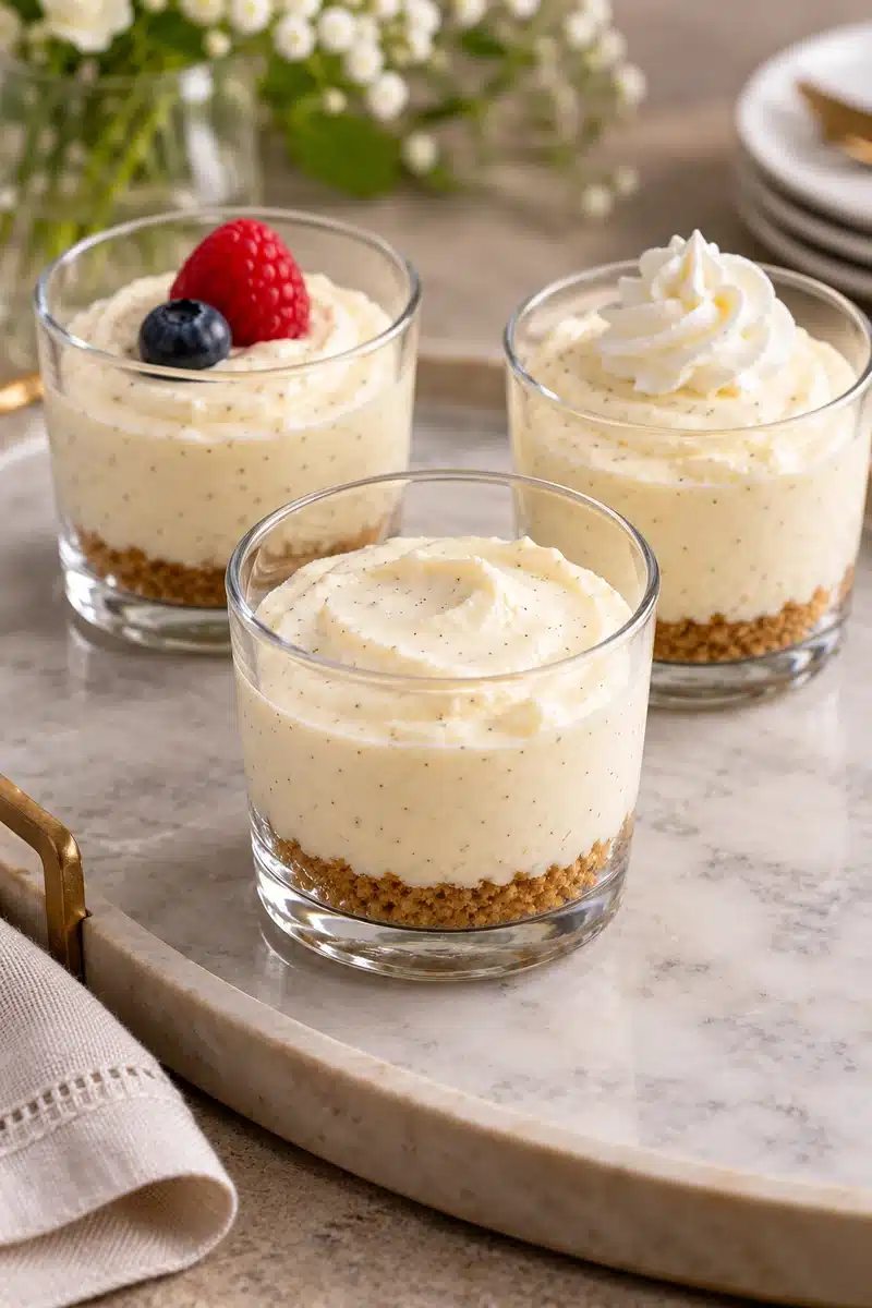 Creamy No-Bake Vanilla Bean Cheesecake Cups 6 Three small clear cheesecake cups, one plain and two with small optional garnishes